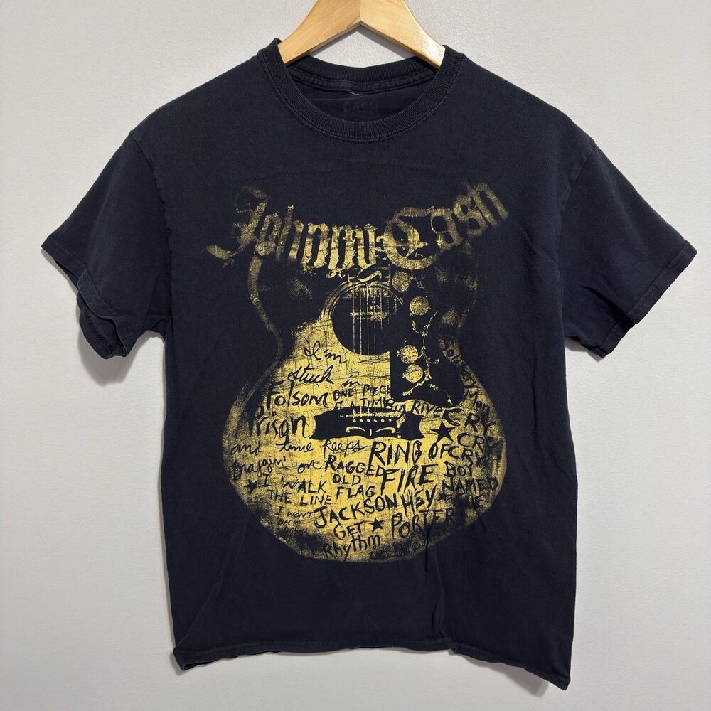 Vintage Johnny Cash Shirt Mens Medium Black Country Band Tour Concert Guitar Y2K